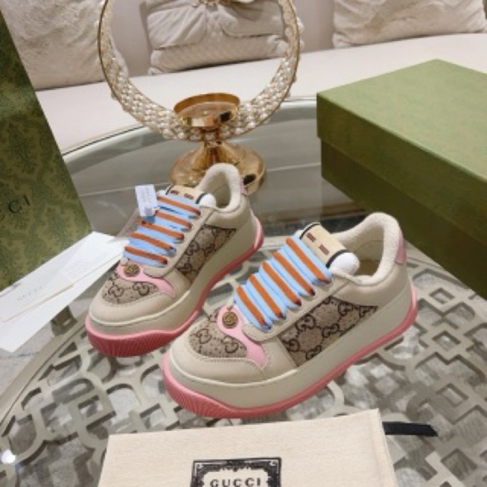 Gucci Beige and Pink Sneakers with Blue Accents